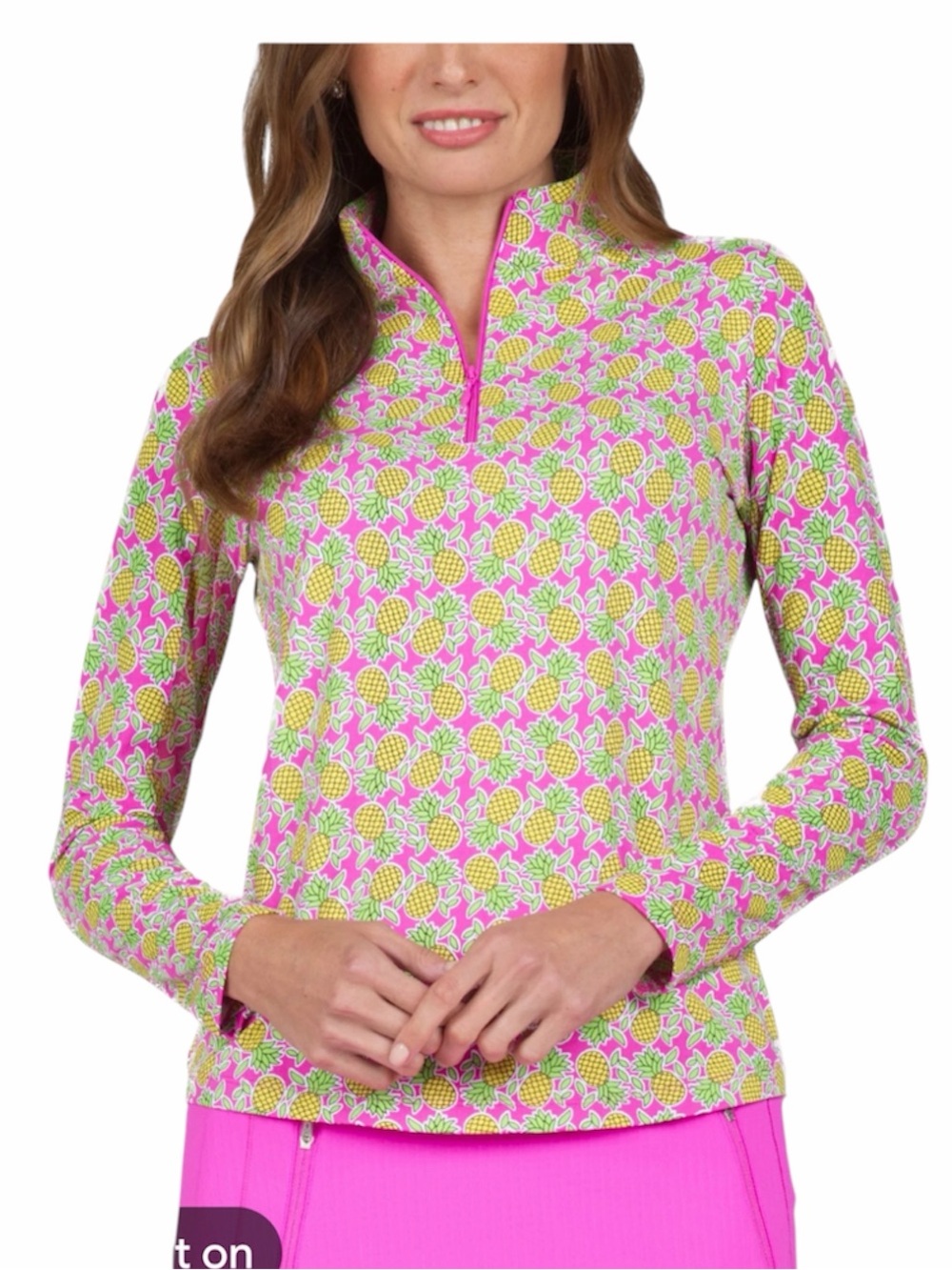 Ibkul pink pineapple Chantal print long sleeve 1/4 zip golf top size large